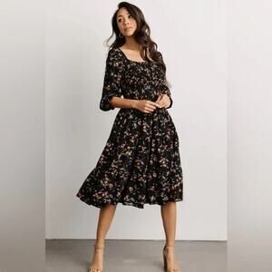 Baltic Born Marta Black Floral Midi Dress XL Smocked Tiered & Square Neck